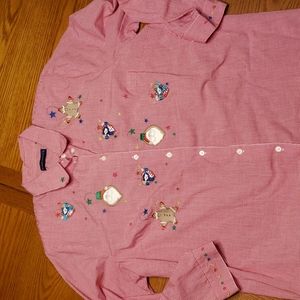 Long sleeve Karen Scott II gingham shirt with embroidered and applique designs.